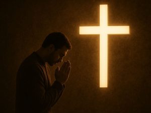 Homem orando diante de uma cruz, símbolo de fé em amar a Deus.