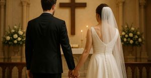 Casal de mãos dadas diante do altar, simbolizando fidelidade no relacionamento.