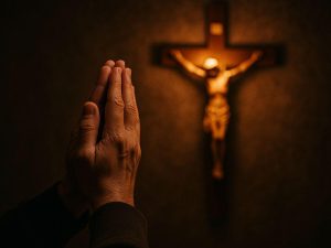 Mãos postas em oração diante de um crucifixo, sinal de respeito ao nome de Deus.