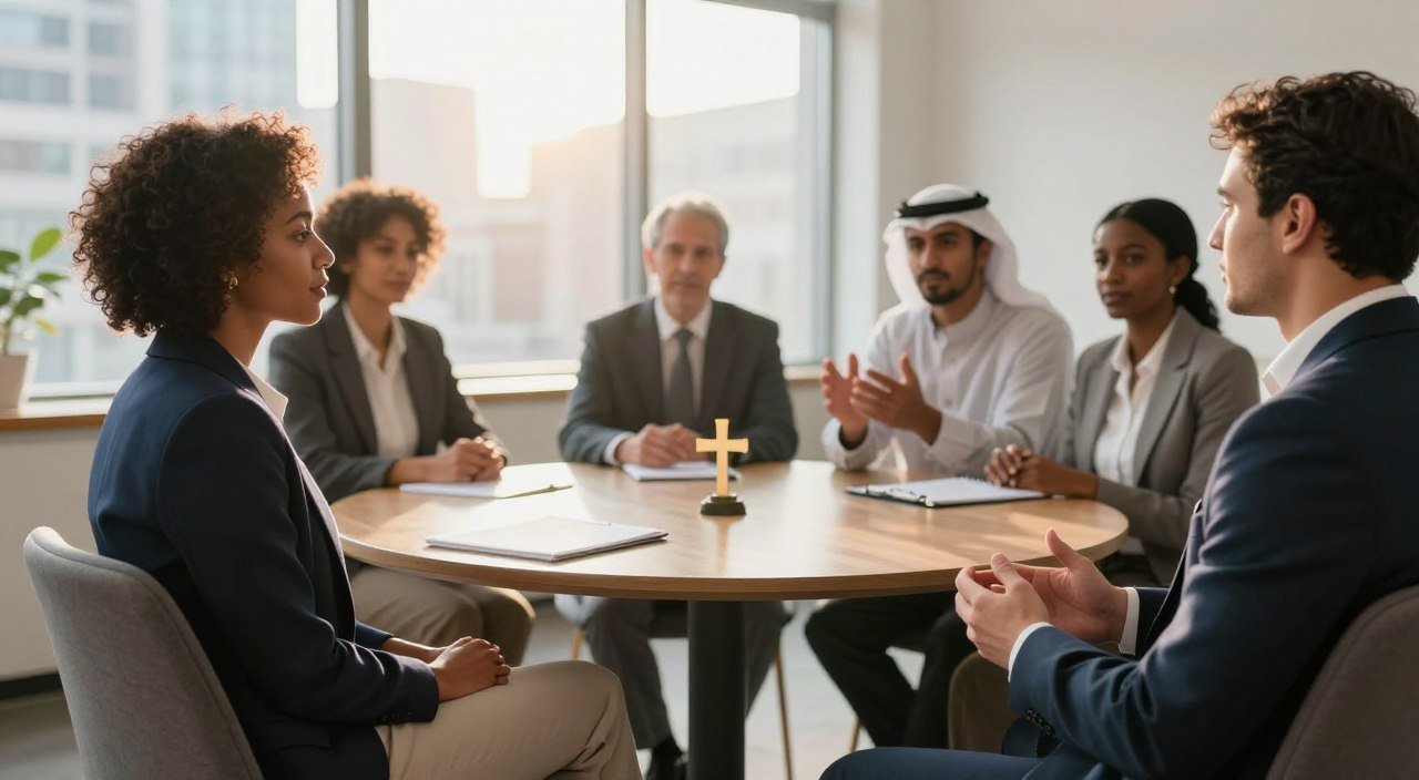 Profissionais conversando com respeito em ambiente de trabalho sobre fé e valores cristãos.