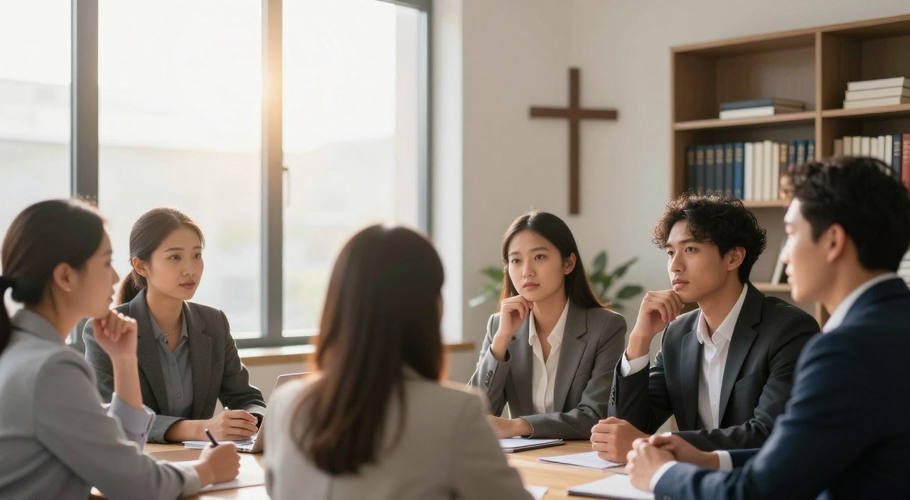 Profissionais reunidos em ambiente de trabalho representando valores cristãos na vida profissional.